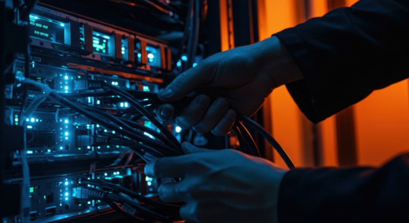 Technician connecting cables in server rack